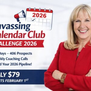 Beth Azor smiling in a red blazer next to promotional text for the Canvassing Calendar Club Challenge 2026 – a 28-day prospecting and outreach program for commercial real estate professionals.