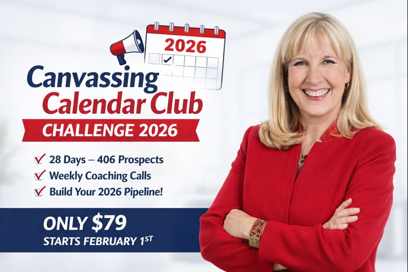 Beth Azor smiling in a red blazer next to promotional text for the Canvassing Calendar Club Challenge 2026 – a 28-day prospecting and outreach program for commercial real estate professionals.